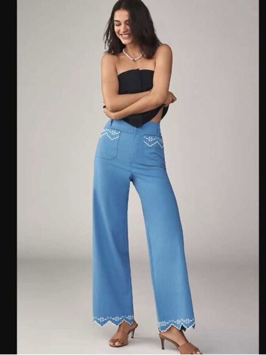 Maeve Denim - Maeve Blue High-Waist Wide-Leg Jeans with Embroidered Hem